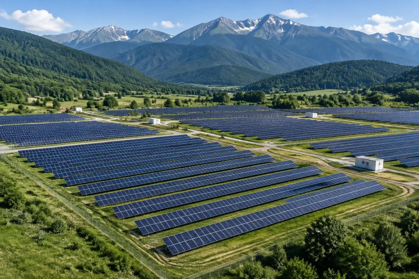 Utility-scale solar power plant in a mountain valley in Georgia