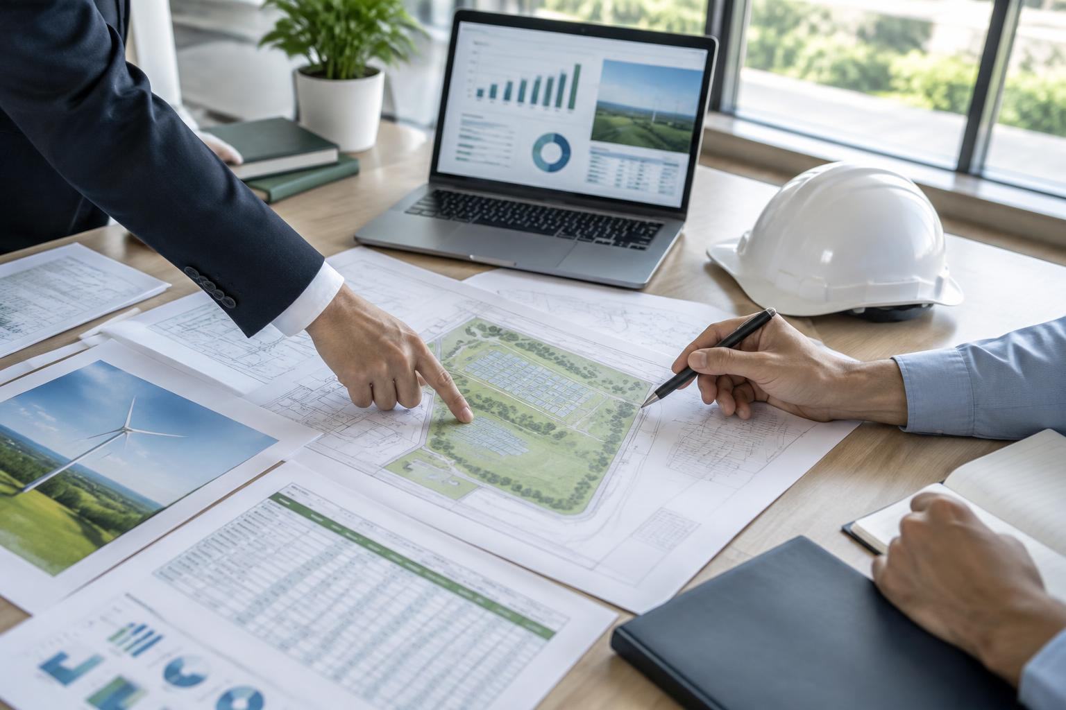 Illustrative energy investment planning with technical drawings and financial analysis